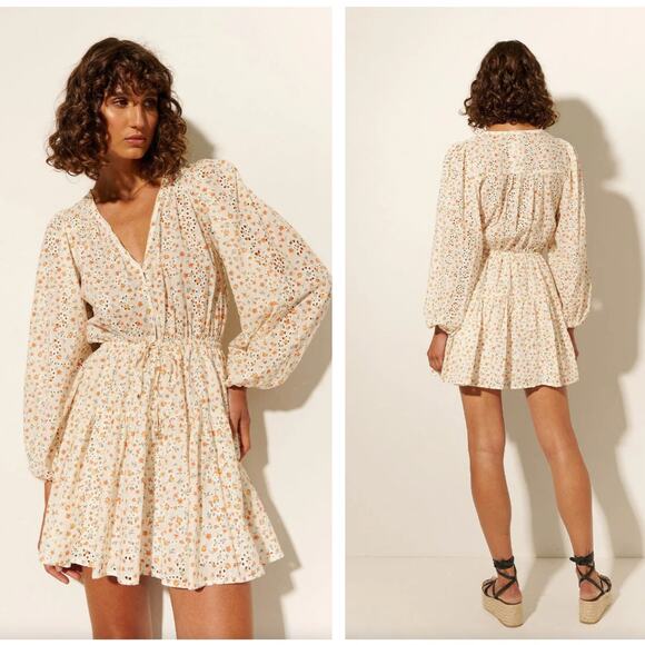 KIVARI Lucie Eyelet Mini Puff Sleeve Dress Ivory Orange Sz 4 $348 {QQ9} - Picture 1 of 5
